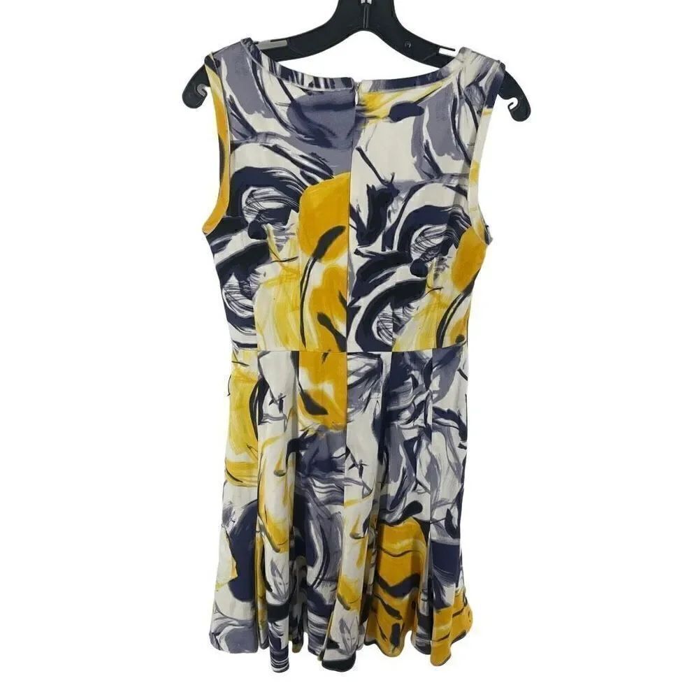 CHETTA B fit & flare yellow blue white dress size 4 EUC boat neck stretch cotton